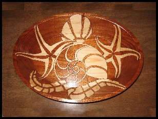 Seashells and Nautilus, inlaid wooden bowl