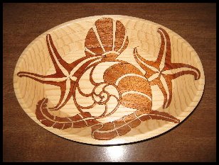 Nautilus and Seashells, inlaid wooden bowl