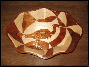 Blue Heron, inlaid wooden bowl