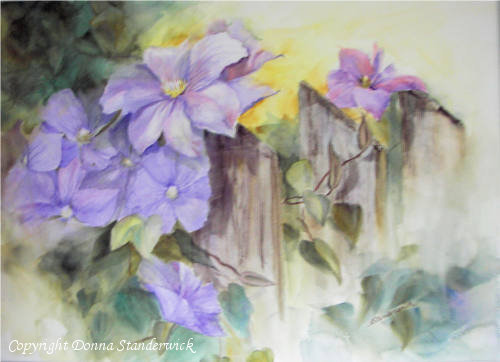 On the Fence, watercolor painting, clematis flower