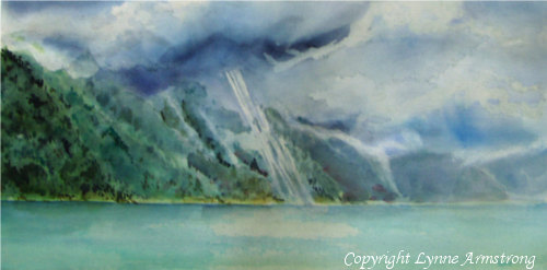 After the Storm, watercolor painting, mountain lake painting