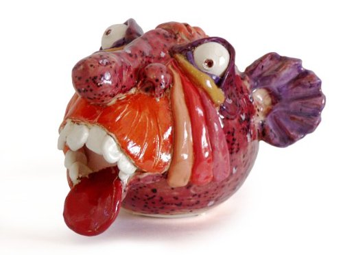 Purple Troll Head Bank, ceramic sculpture, piggy bank